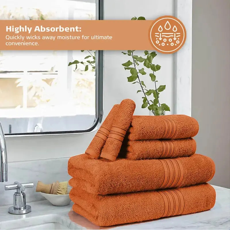 Hurbane Home Unisex Plain 8-Count 100% Pure Cotton Set - 2 Bath Towels, 2 Hand Towels, 4 Washcloths, Super Soft, Water Absorbent, Pouch Pack for Bathroom Home Use