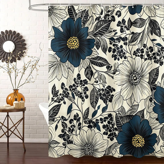 Vintage Navy Botanical Floral Shower Curtain, Waterproof Cloth Fabric Bathtub Curtain, 72"x72" with 12 Hooks, Elegant Retro Flower Print Curtain for Home Apartment Dorm Bathroom Renovation Decor