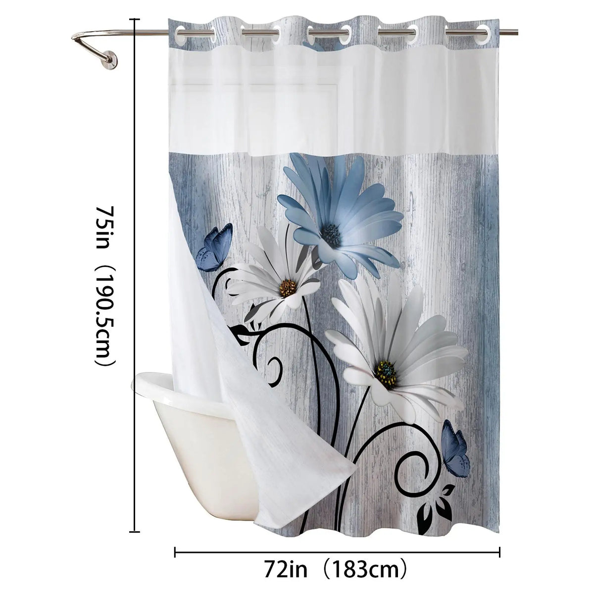 No hooks double-layer Daisy printed shower curtain, Waterproof fabric,Modern style home decoration, hotel, dormitory and bathroom accessories, 72x75in