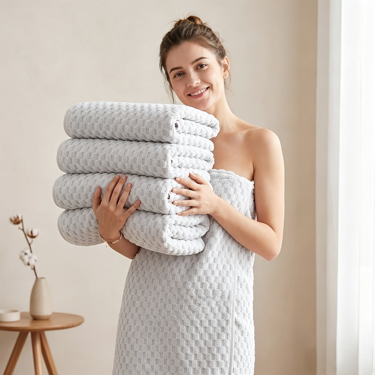 5pcs Coral Fleece Bath Towel Set, 4 Soft Absorbent Bath Towels 27" X 55" with Hair Drying Cap, Quick Dry Plush Towels with Hanging Loop for Bathroom, Shower, Home