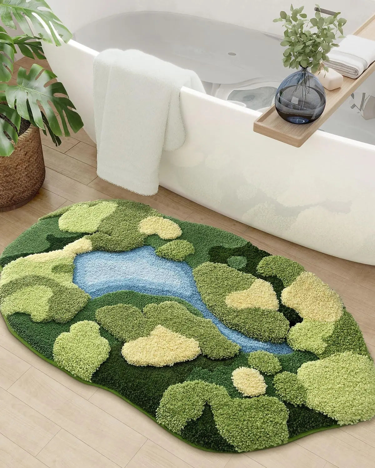 LUMI Moss Bath Mat Ultra Thick Soft Green Bathroom Rug 20x32 Daisy Pattern Non Slip Microfiber Absorbent for Shower Floor Sink Bedroom Home Decor