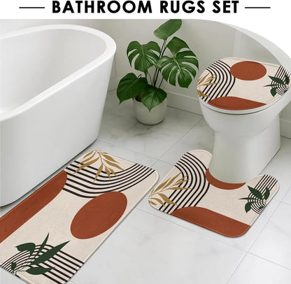 Boho Mid Century Shower Curtain Set with Toilet Lid Cover and Non-Slip Rugs, Abstract Geometric Modern Minimalist Shower Curtain for Bathroom Set with 12 Hooks