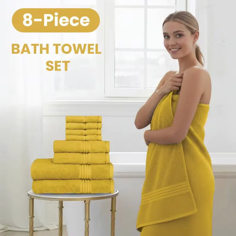 Hurbane Home Unisex Plain 8-Count 100% Pure Cotton Set - 2 Bath Towels, 2 Hand Towels, 4 Washcloths, Super Soft, Water Absorbent, Pouch Pack for Bathroom Home Use