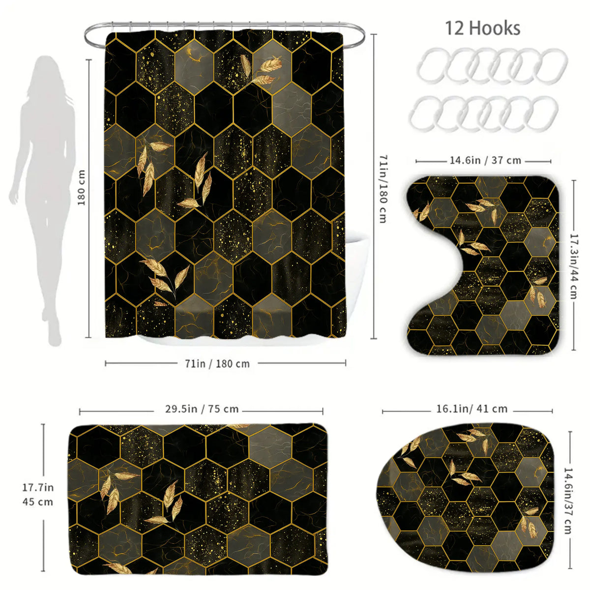 Geometric Hexagonal Black-Gold Pattern Bathroom Decor Set - Waterproof Shower Curtain with 12 Hooks, Non-Slip Bathroom Carpet, U-Shaped Toilet Cushion, Toilet Seat Cover, Ideal Moving Gift