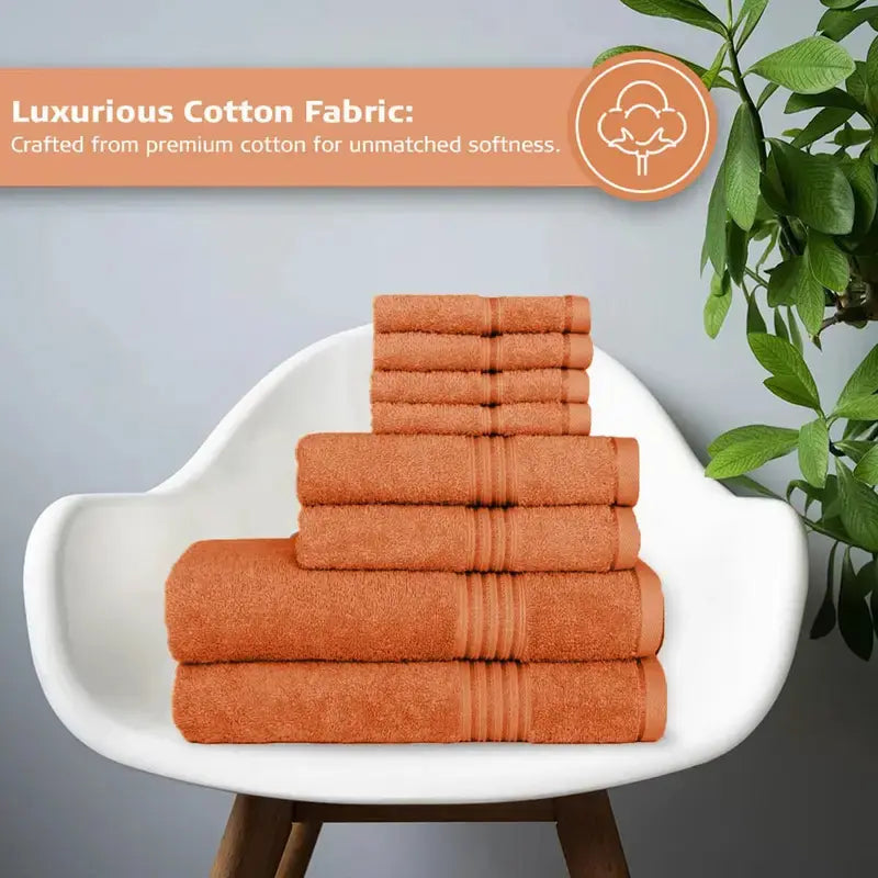 Hurbane Home Unisex Plain 8-Count 100% Pure Cotton Set - 2 Bath Towels, 2 Hand Towels, 4 Washcloths, Super Soft, Water Absorbent, Pouch Pack for Bathroom Home Use