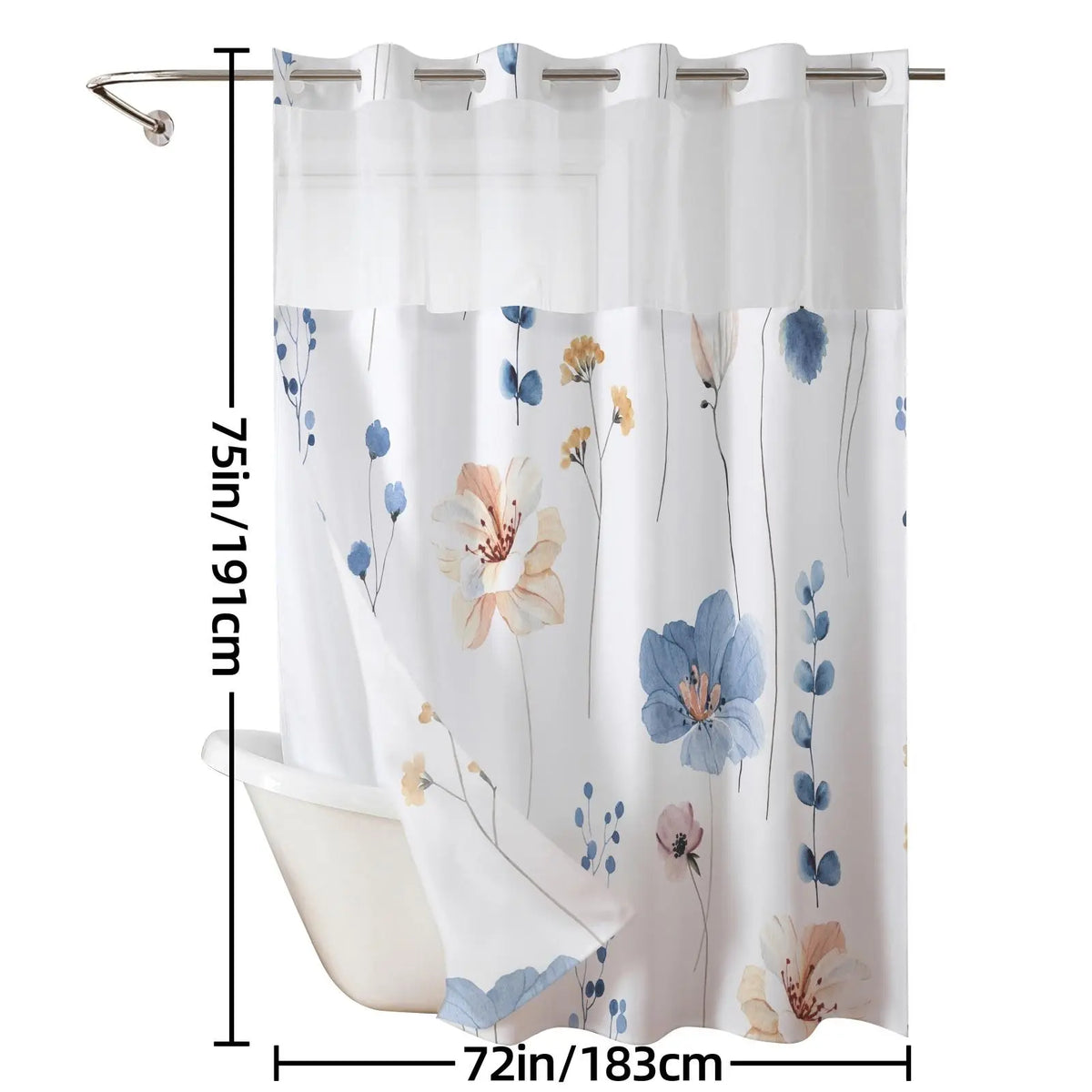 Ink and wash Floral double-layer shower curtain, no hooks, fresh country style home decoration, bathroom accessories, 72x75in
