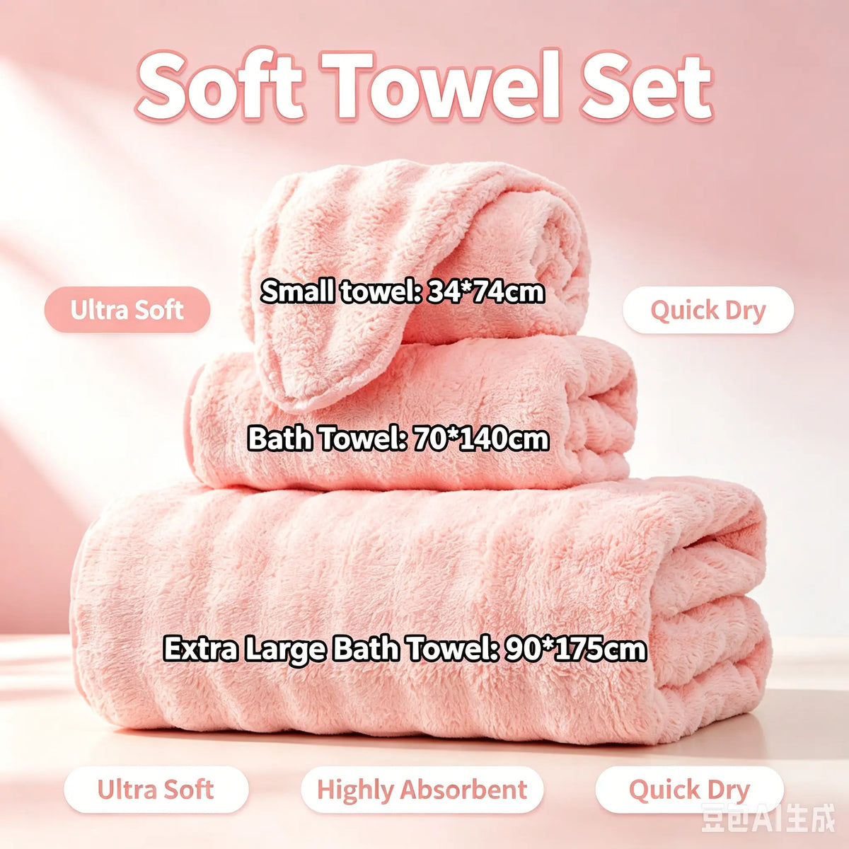 Pink Ultra-Fluffy Coral Fleece 3-Piece Set (Bath Towel, Hand Towel, Face Cloth) – Cozy, Super Absorbent, Quick-Dry, Thick, Skin-Friendly, Breathable Microfiber Bathroom Wipe Essentials for Home, Shower, Gifts (Pink Set)