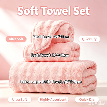 Pink Ultra-Fluffy Coral Fleece 3-Piece Set (Bath Towel, Hand Towel, Face Cloth) – Cozy, Super Absorbent, Quick-Dry, Thick, Skin-Friendly, Breathable Microfiber Bathroom Wipe Essentials for Home, Shower, Gifts (Pink Set)