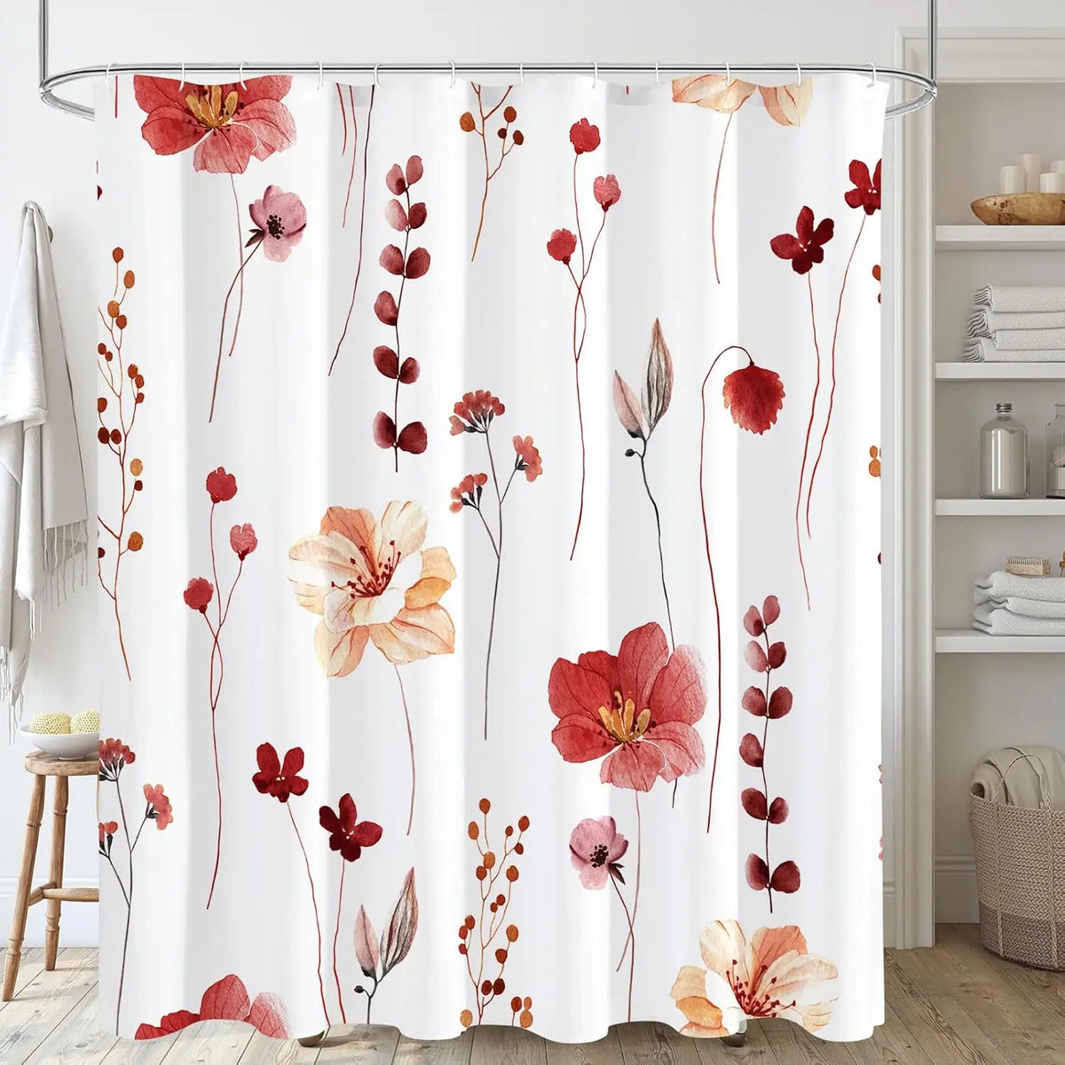 Modern Sage Green and Beige Floral Shower Curtain with Included Hooks