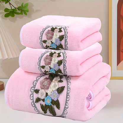 3pcs Embroidered Flower Towel Set, 2 Towels and 1 Bath Towel, Soft Absorbent Household Bath Towel, Bathroom Bath Towel, Face Towel, Towel, Soft and Skin-friendly Suitable for Home Use, Bathing, Seaside Bath Towel.