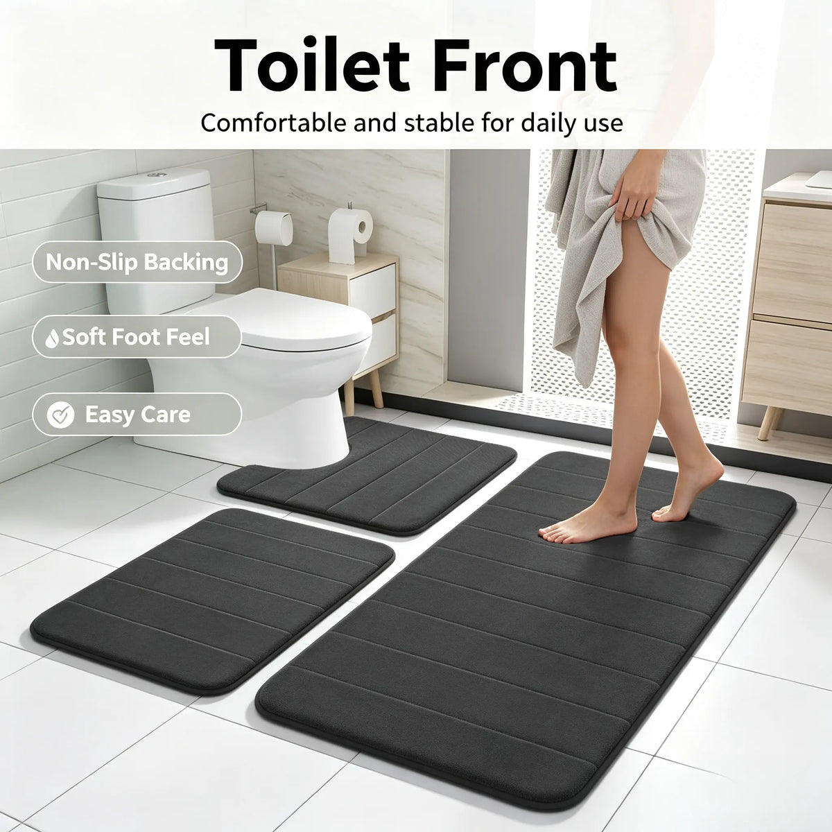 3 Piece Luxury Memory Foam Bathroom Mat Set, Soft Absorbent Quick Dry Non‑Slip Washable Bath Rugs for Shower Toilet Vanity