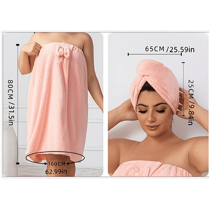 2pcs Bathrobe Plus Dry Hair Cap Set, High-strength Absorbent Adjustable, Suitable For Home Travel, Sweat, Spa, Perfect Bathroom Supplies, Suitable For S-XXXXL, Bath Robes For Women, Ladies' Bath Towel, Wash Cloths