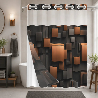 1Pc Hookless Double Layer Shower Curtain, With Removable Snap-in Liner, Black Brown 3D Geometric Block Print, Modern Luxury Bathroom Decor Curtain, Water Repellent Washable Fabric, with Top See-Through Window