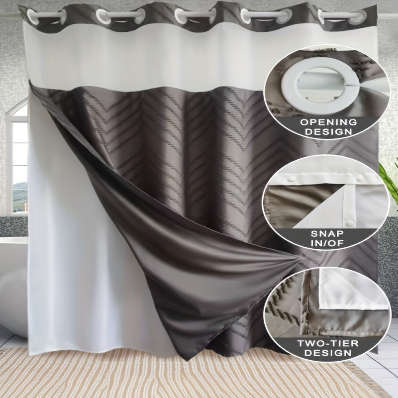 1pc Bohemian Gray Cut-Out Double-Layer Shower Curtain with Grommet Top, Detachable Double-Layer Bathroom Partition Curtain, Decorative Bath Curtain