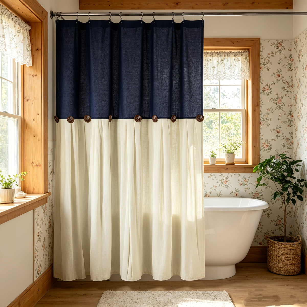 1pc Hand-Pleated Patchwork Shower Curtain with Buttons, 72 X 72 Inches, Door Curtain