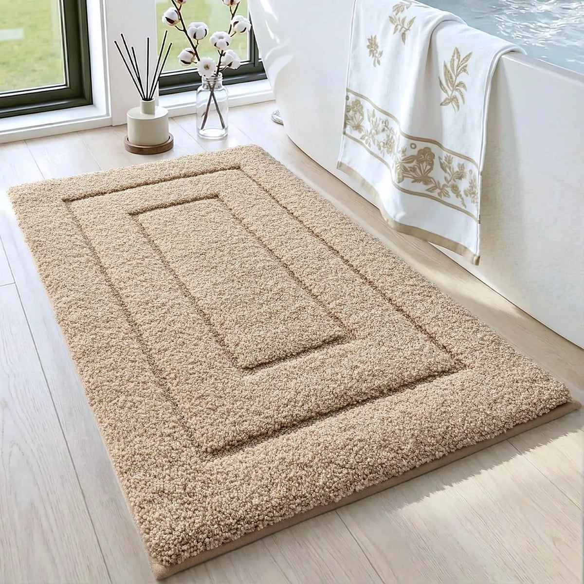 DEXI Bathroom Rug (24x16in), Non-Slip Machine Washable Bath Mat with Rubber Backing, Absorbent Soft Quick-Dry Microfiber Shaggy Indoor Shower Floor Rug, Beige, Machine Washable Rugs,back to school,dorm essentials,home decor,home essentials