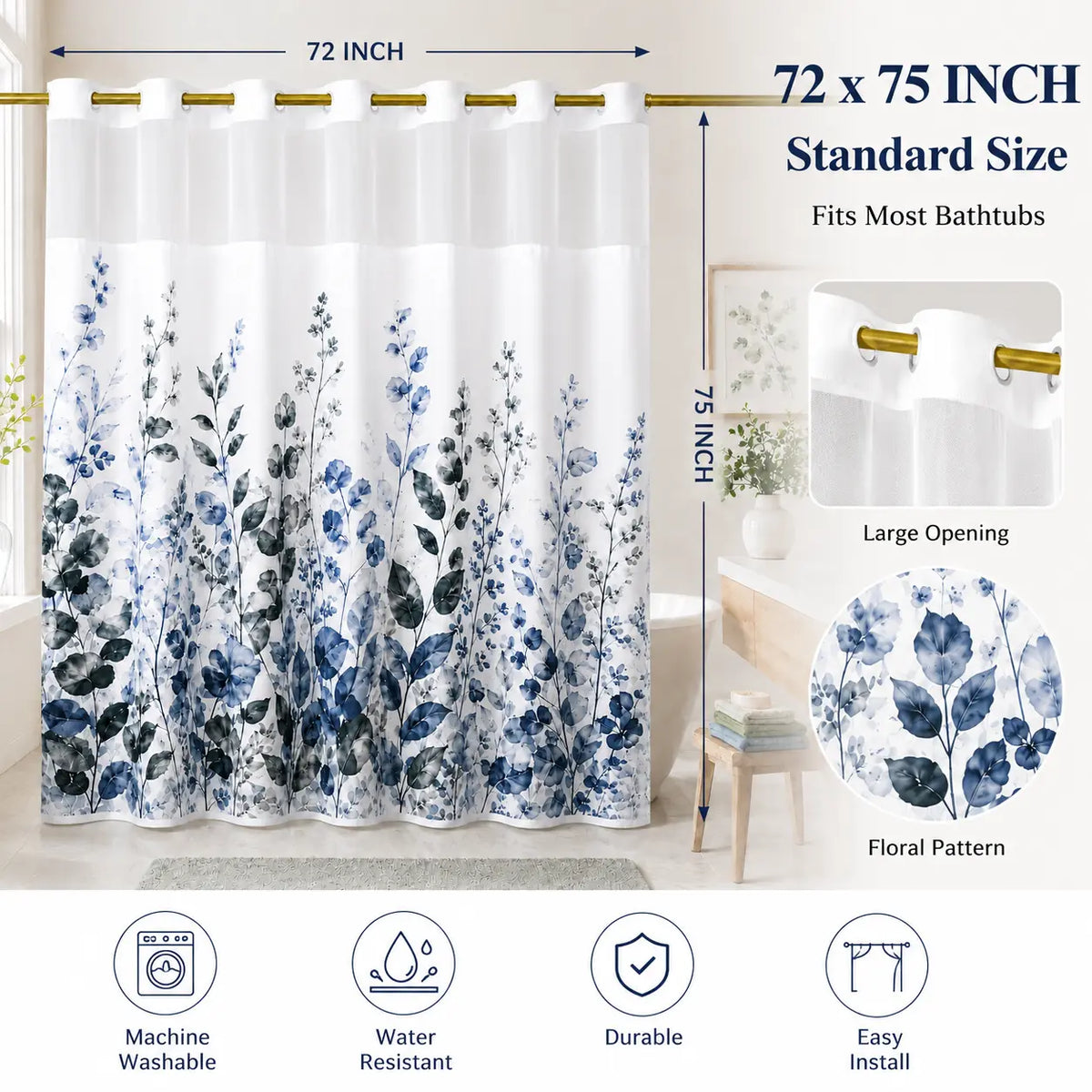 Hookless Shower Curtain with Snap-in Liner, Double Layer Floral Botanical Shower Curtain Set, Sheer Top Window, Waterproof & Washable Bathroom Curtain, 72 x 75 Inch
