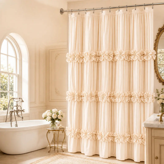 YRZTRK Cream 72in*72in Ruffled Shower Curtain - Vintage Handcrafted Bow Tie Bathroom Curtains, Aesthetic Waterproof Fast Dry Machine Wash Master Bath Decor with 12 Hooks, Shower Curtains, Bathroom Decor Ideas, Home Decor Items