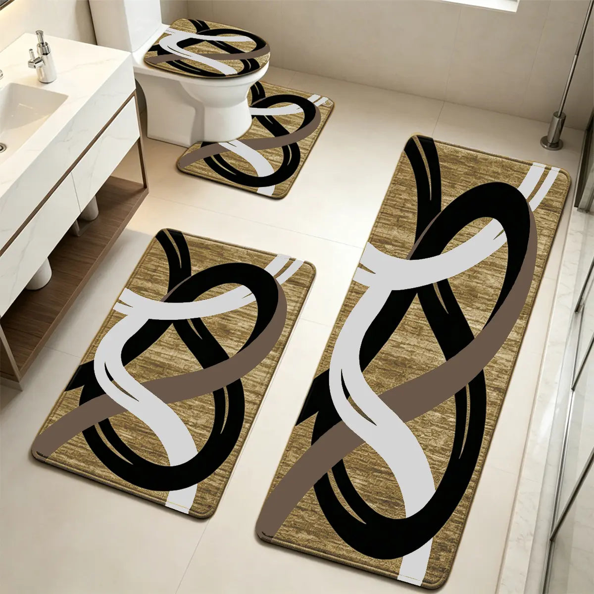 DearTex 3-4pcs Geometric Curved Line Thick Modern Flannel Bath Rug Set - Anti-Skid Custom-Shaped Non-Slip Rubber Water-Absorbent Mats with Washable U-Shaped Toilet Lid Cover Bathroom Accessories, Anti-Skid Bath Mats, Custom-Shaped Bath Mats