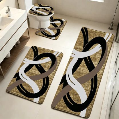 DearTex 3-4pcs Geometric Curved Line Thick Modern Flannel Bath Rug Set - Anti-Skid Custom-Shaped Non-Slip Rubber Water-Absorbent Mats with Washable U-Shaped Toilet Lid Cover Bathroom Accessories, Anti-Skid Bath Mats, Custom-Shaped Bath Mats