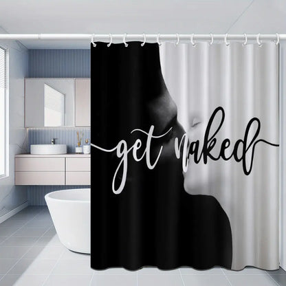 4pcs Leopard Print "Get Naked" Shower Curtain Set, Black Background Sassy Quote,  The floor mat fabric is thicker and softer! Bold Trendy Bathroom Decor And Accessories, Curtain & Rugs Combo, Perfect for Festive Glam Vibe