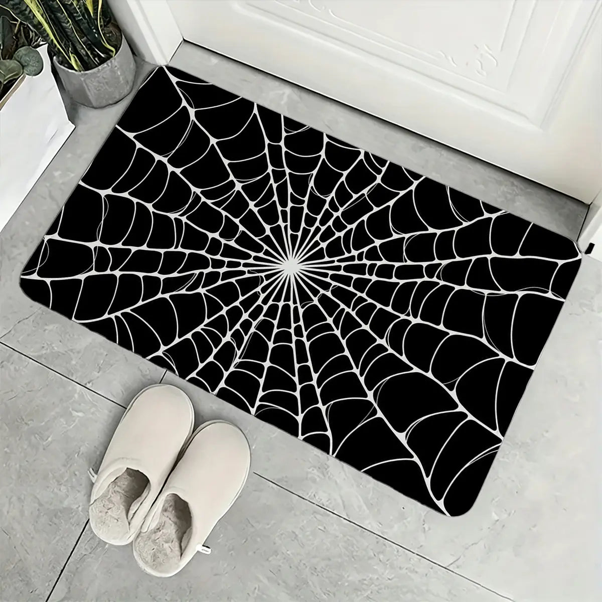 Black & White Spider Web Bath Mat, Flannel Floor Rug for Bathroom, Bold Halloween Home Decor for Shower Tub Bedroom Entryway Dorm Room, Seasonal Housewarming Birthday Christmas Gift