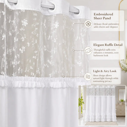 Green Elegant Hookless Ruffle Shower Curtain with Embroidered Sheer Top, Dual Removable Waterproof Panels, Machine Washable Bathroom Curtain，71*74 IN