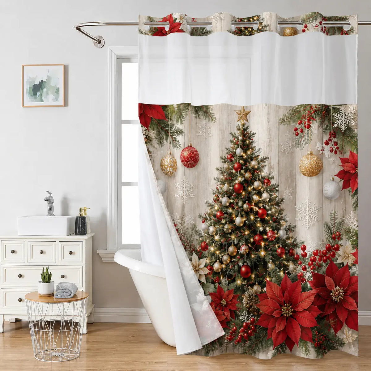 Cyan No Hooks Double-layer Shower Curtain, Daisy Printed Waterproof Fabric, Retro Country Style Home Decoration, Hotel, Dormitory and Bathroom Accessories, 72x75in