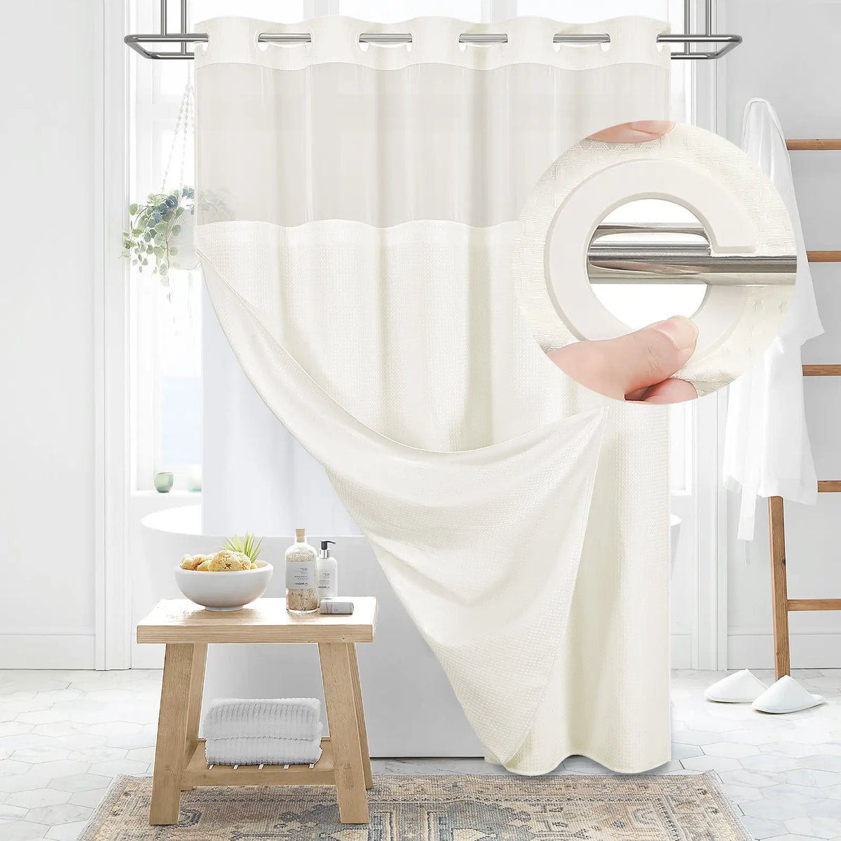 DYNAMENE Premium No-Hook Washable Waffle Weave Shower Curtain Set, Heavy-Duty Double Layer with Snap-In Detachable Waterproof Liner & Mesh Window, Contemporary Matte Finish Bathroom Accessory for Hotel-Inspired Bathroom Look