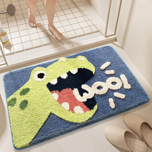 Cute Cartoon Dinosaur Faux Cashmere Bath Mat, Soft Water‑Absorbent Non‑Slip Floor Rug, Woop Pattern Decor Doormat for Bathroom Toilet Entryway Hallway Home Decoration
