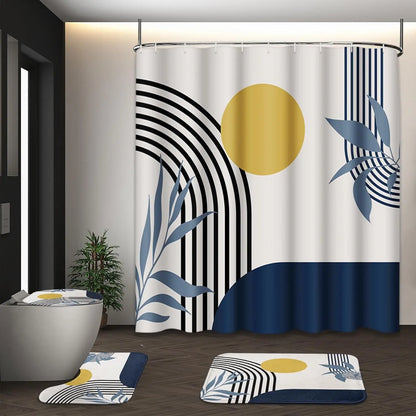 Boho Mid Century Shower Curtain Set with Toilet Lid Cover and Non-Slip Rugs, Abstract Geometric Modern Minimalist Shower Curtain for Bathroom Set with 12 Hooks