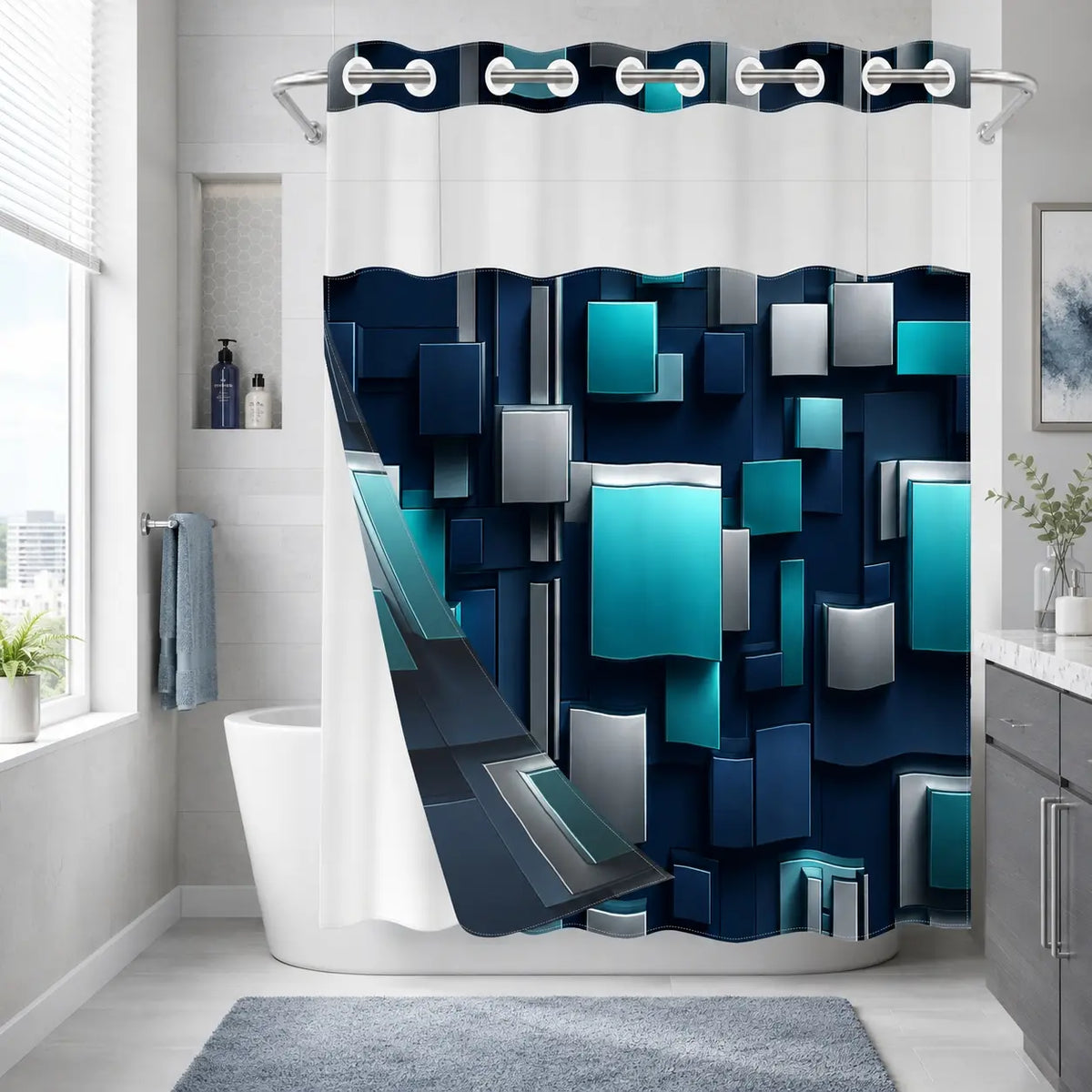 1Pc Hookless Double Layer Shower Curtain, With Removable Snap-in Liner, Black Brown 3D Geometric Block Print, Modern Luxury Bathroom Decor Curtain, Water Repellent Washable Fabric, with Top See-Through Window