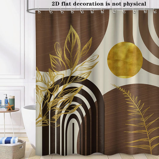 2D Flat, 2D Flat Banner Boho Mid Century Modern Shower Curtain Black and Brown Shower Curtains for Bathroom Decor Beige and Dark Tan Golden Leaves Abstract Bath Curtain Set, 70.8x70.8 Inch, 2D Flat