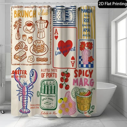 1pc 2D Flat Printing Hand-Drawn Graffiti Printed Shower Curtain, Unique Bathroom Decor, 12 Hooks, Boho Style, Paisley Pattern, Curtains