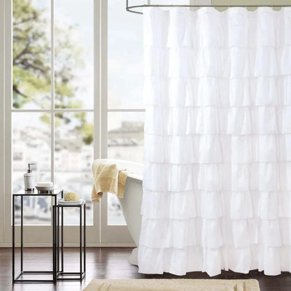 Ruffle Trim Shower Curtain, Soft Washable Polyester Cloth, Fabric Shower Curtain, Shower Curtains Washable, Water-repellent Shower Curtain, Bathroom Accessories, Home Decor Supplies, Waterproof Bathroom Curtain, Bathroom Decoration Accessories