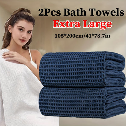 2pcs Extra Large Microfiber Waffle Weave Bath Towels, 105x200cm / 41x78.7in, 350GSM - Soft, Absorbent & Quick-Dry, Solid Color Options for Bathroom, Hotel, Gym & Spa Use, Hotel Bathroom Essentials, Contemporary Towel Design, Quickdry Fabric, Wash Cloths