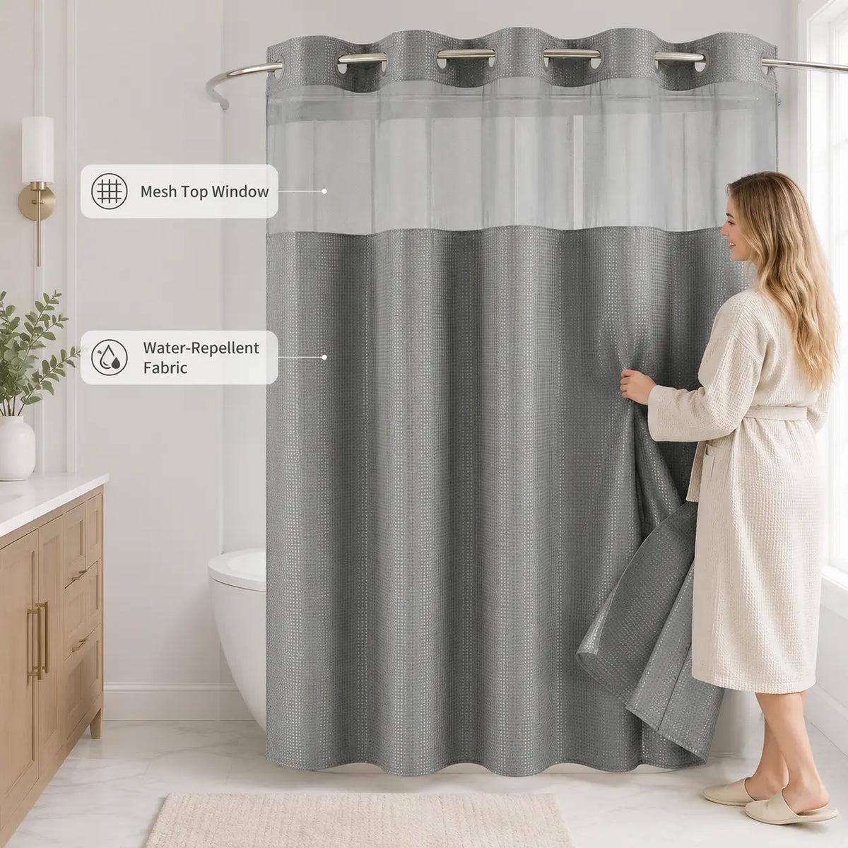 Hookless Waffle-Weave Shower Curtain Set, 72x75 in, with Washable White Fabric Liner (Snap Closures, Mesh Top), Waterproof Hotel-Style Bathroom Accessory for Home/Salon, Home Decor Supplies, Shower Curtains, Hookless Shower Curtain