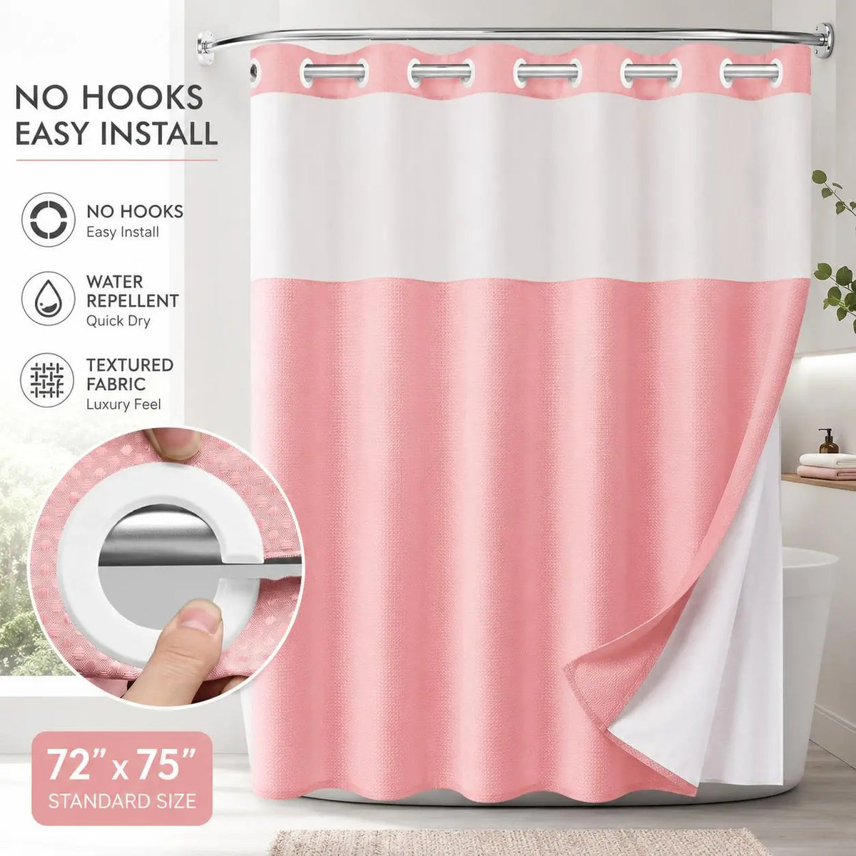 White Shower Curtain with Snap in Liner -No Hooks Waffle-Pattern Shower Curtain Double Layer Shower Curtain -Fabric Waterproof Inner Liner,Bathroom Accessory for Home, Hotel, Salon & Dormitory Decor