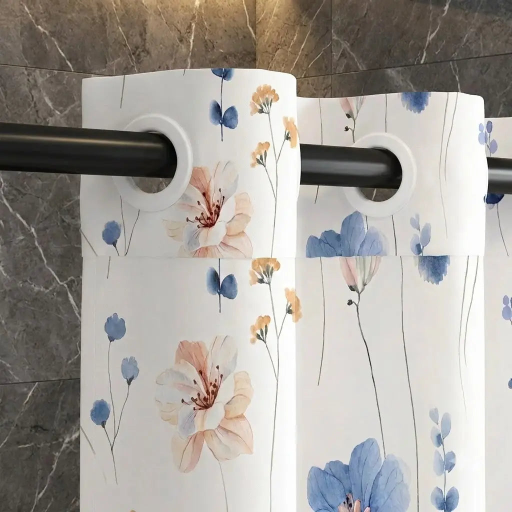 72x75 Inch No Hook Shower  with Liner, Watercolor Floral Country Style Fabric Bath  with Mesh Window