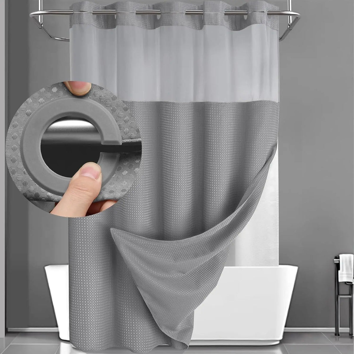 White Shower Curtain with Snap in Liner -No Hooks Waffle-Pattern Shower Curtain Double Layer Shower Curtain -Fabric Waterproof Inner Liner,Bathroom Accessory for Home, Hotel, Salon & Dormitory Decor