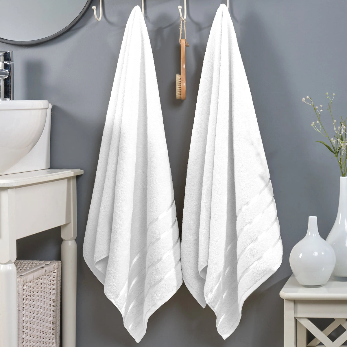 Mocassi Fluffy Thick 2-Pack Premium Turkish Cotton 4-Line Stripe Bath Towel Set, Absorbent Breathable Water-Absorbent Body Towels, 27x54 in