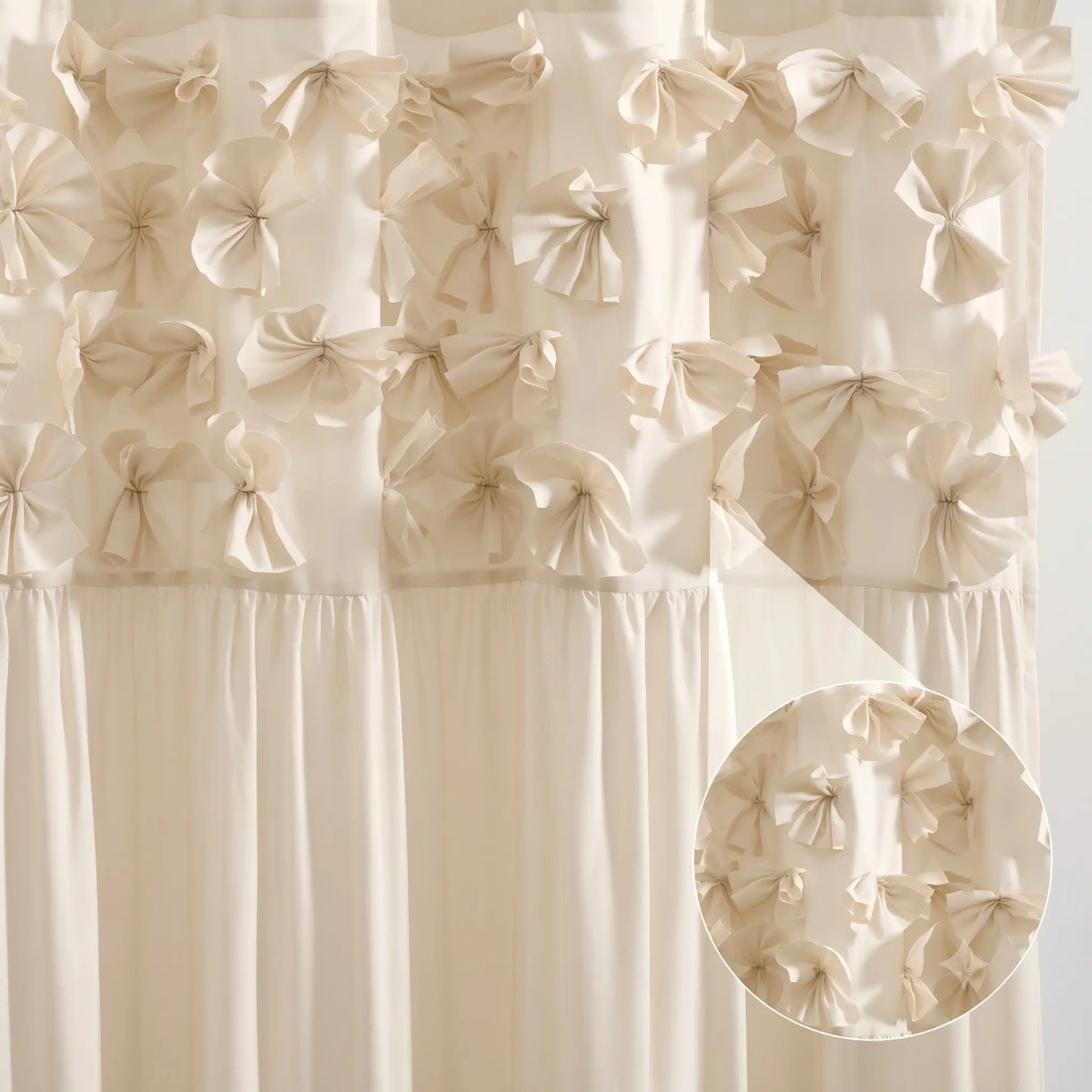 HIG Ruffle Bow Fabric Shower Curtain Set 72x72 Inch Elegant Bathroom Curtain Bath Decor