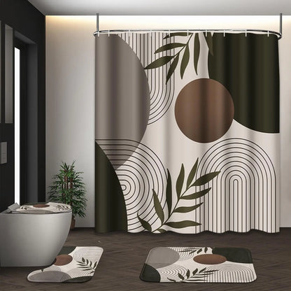 Boho Mid Century Shower Curtain Set with Toilet Lid Cover and Non-Slip Rugs, Abstract Geometric Modern Minimalist Shower Curtain for Bathroom Set with 12 Hooks