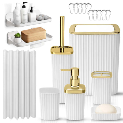 Contemporary Black/White 8pcs Bathroom Accessory Set - Shower Curtains, Rugs, Soap Dispenser, Soap Bar Dish, Toilet Brush Holder, Hook, Wipe, Toothbrush Holder for Moving or Vacation Gifts