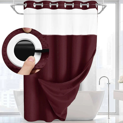 Hookless Shower Curtain and Liner Set - Snap-In Hooks, Plastic Fast-Dry Fabric, Waffle Pattern, Waterproof, Mildew-Blocking, Modern Aesthetic Home Bathroom Accessory