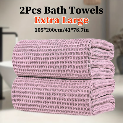 2pcs Extra Large Microfiber Waffle Weave Bath Towels, 105x200cm / 41x78.7in, 350GSM - Soft, Absorbent & Quick-Dry, Solid Color Options for Bathroom, Hotel, Gym & Spa Use, Hotel Bathroom Essentials, Contemporary Towel Design, Quickdry Fabric, Wash Cloths
