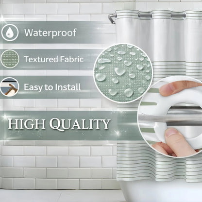 Striped Geometric Double-Layer No Hook Shower Curtain, Mesh Top Window, Hook-Free Design, Easy Installation, Farmhouse, Hotel, Modern Home Decoration, 72x75in