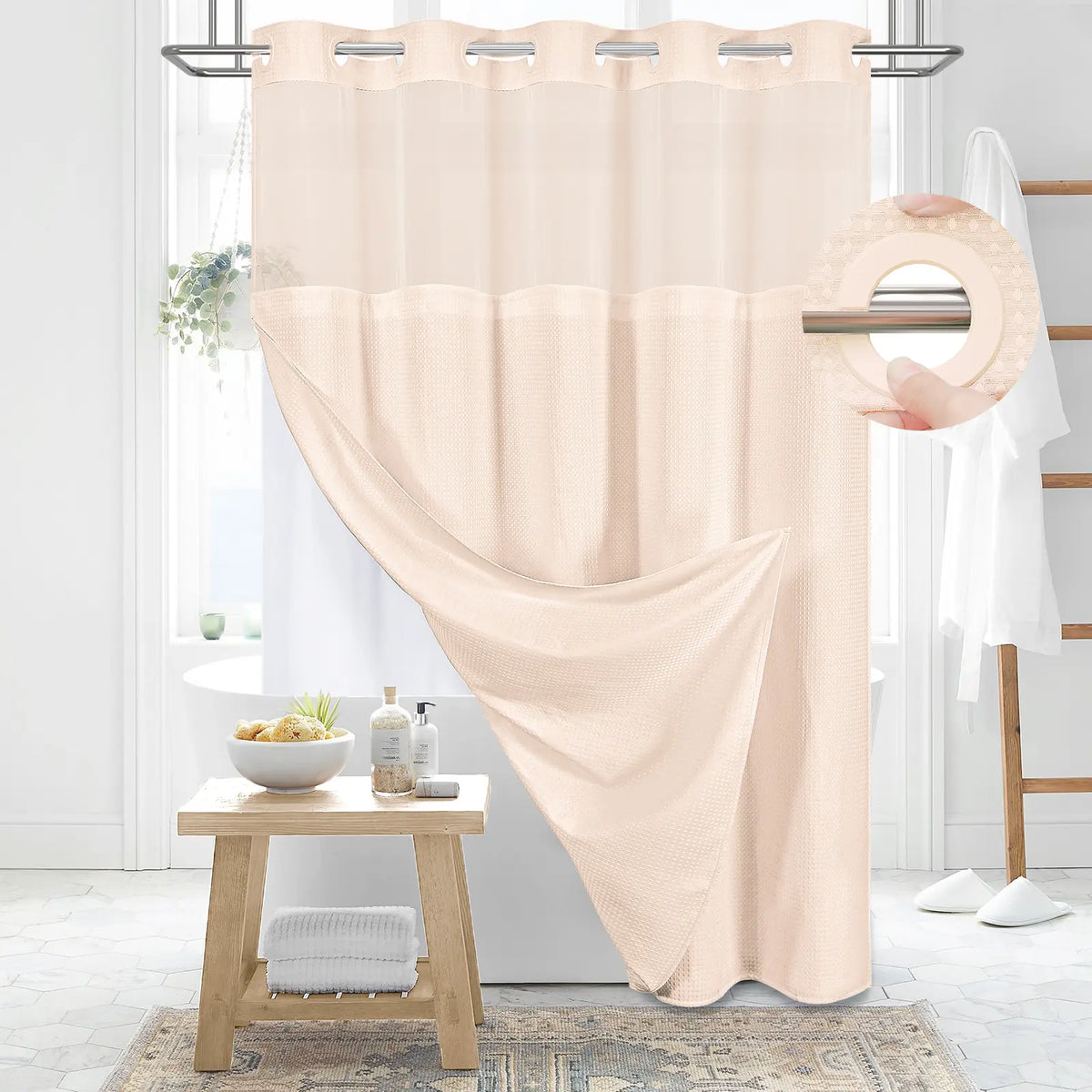 DYNAMENE Premium No-Hook Washable Waffle Weave Shower Curtain Set, Heavy-Duty Double Layer with Snap-In Detachable Waterproof Liner & Mesh Window, Contemporary Matte Finish Bathroom Accessory for Hotel-Inspired Bathroom Look