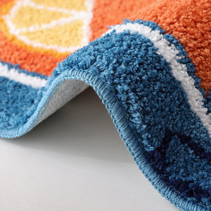 Oval Shape Decorative Bath Mat - Blue Synthetic Modern, Absorbent Soft, Non-Slip Rubber Backed Bathroom Mat, Machine Washable Cartoon Fish & Lemon Design Home Bathroom Supply