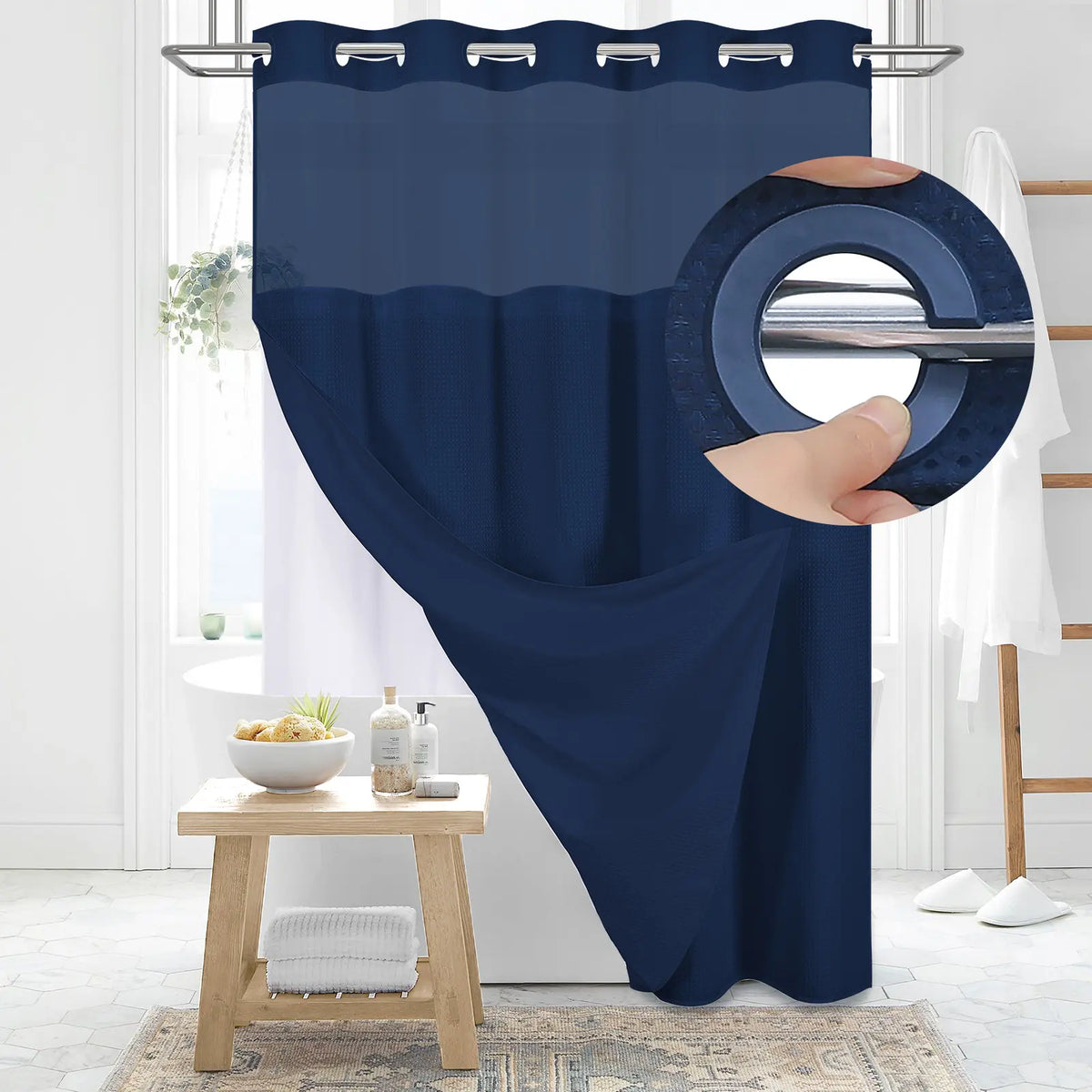 DYNAMENE Premium No-Hook Washable Waffle Weave Shower Curtain Set, Heavy-Duty Double Layer with Snap-In Detachable Waterproof Liner & Mesh Window, Contemporary Matte Finish Bathroom Accessory for Hotel-Inspired Bathroom Look
